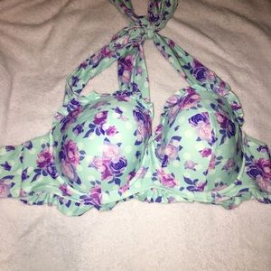 Hot Topic Blue Floral & Polka Dot Ruffle Halter Swim Set